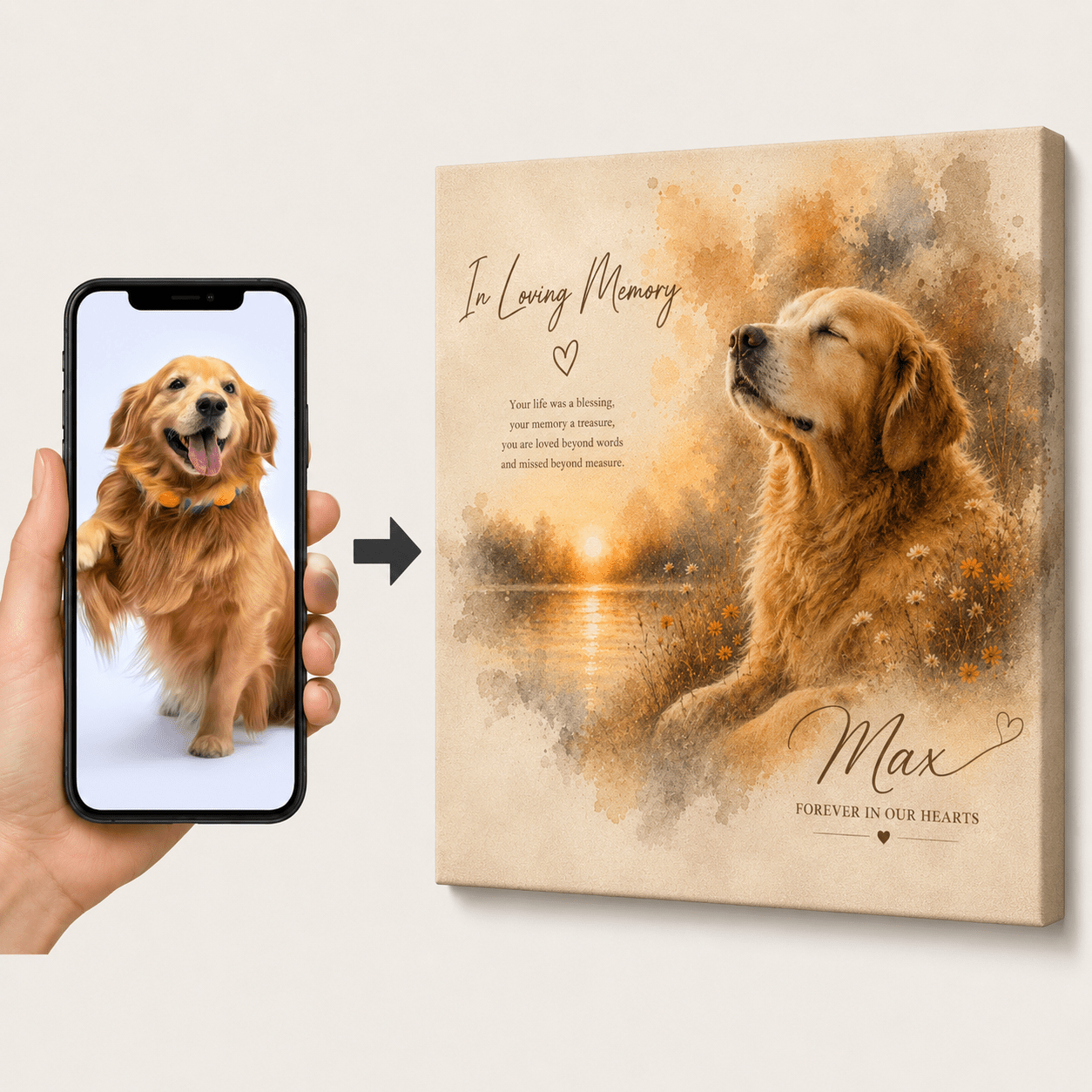 Custom Pet Memorial Portrait Canvas | Watercolor Memorial - CustomMemoryArt